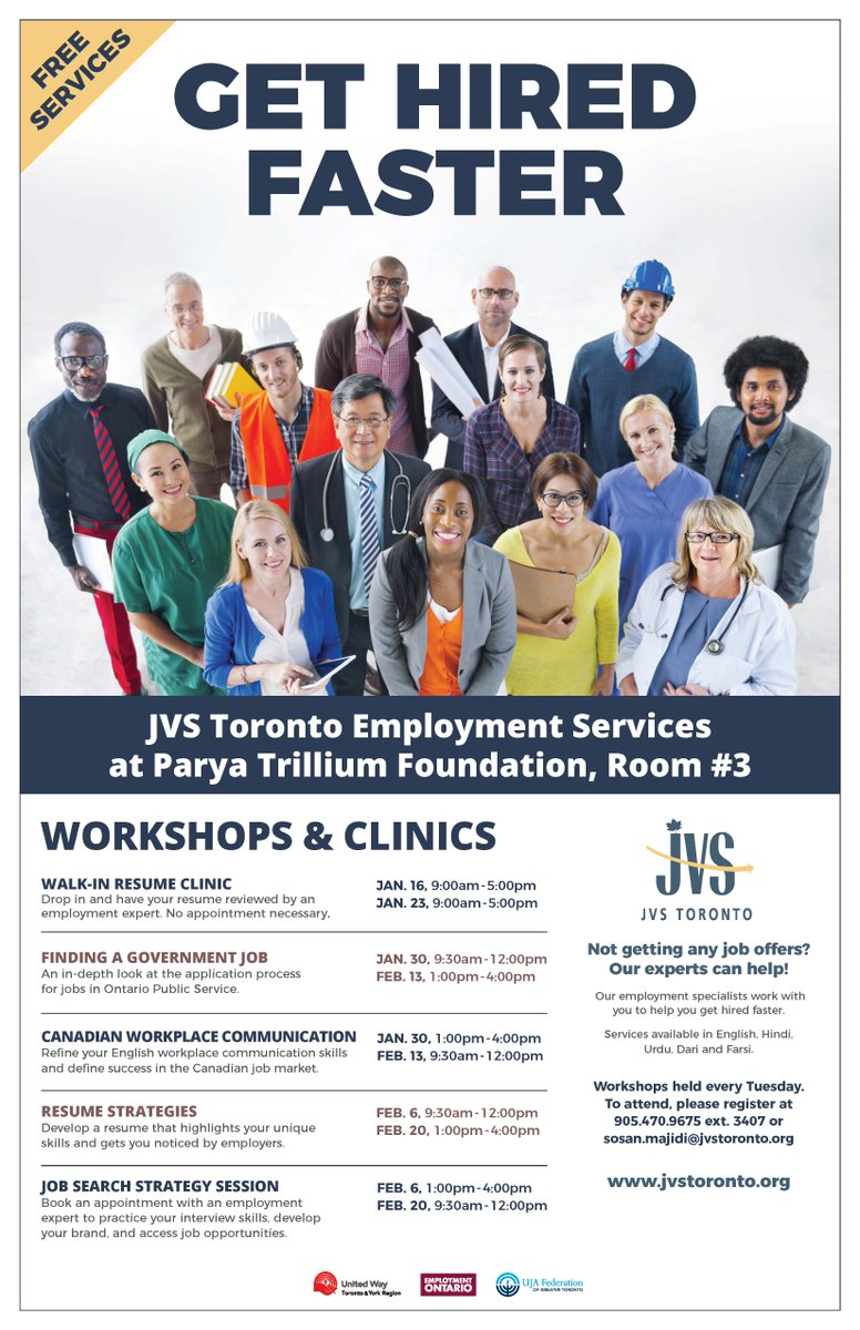 JVSToronto's tweet image. JVS Toronto will be holding employment workshops every Tuesday at @Parya_Trillium starting Jan 16th. #gethiredfaster
