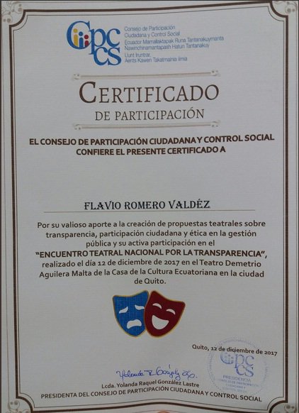 TaniaPauker's tweet photo. Reconocemos desde el @CPCCS al grupo de teatro que obtuvo el primer lugar en el Festival de Teatro por la Transparencia en #Manabí. Gracias por su arte para la lucha contra la corrupción. ¡Sin participación no hay democracia! https://t.co/qBnyLHtHGR