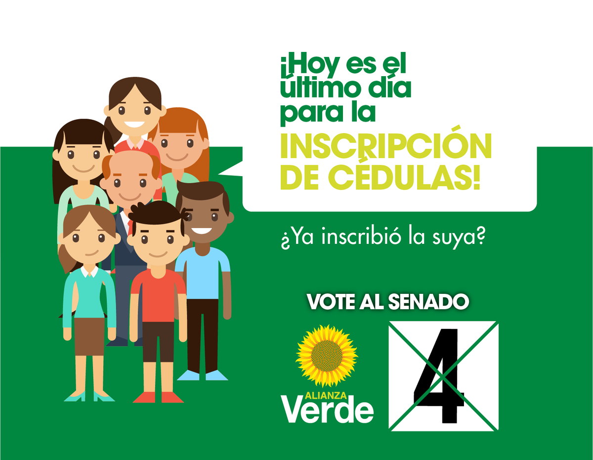 Jorge_PrietoR's tweet photo. ¡Último día para inscribir la #cédula! #Elecciones2018 Recuerde: La inscripción es personal. #SomosAguayRegión #Verde4 #4Pasonartanbueno  ¡Juntos por el #agua, la #vida, la #región y el #campo! https://t.co/qACHwGPJVF