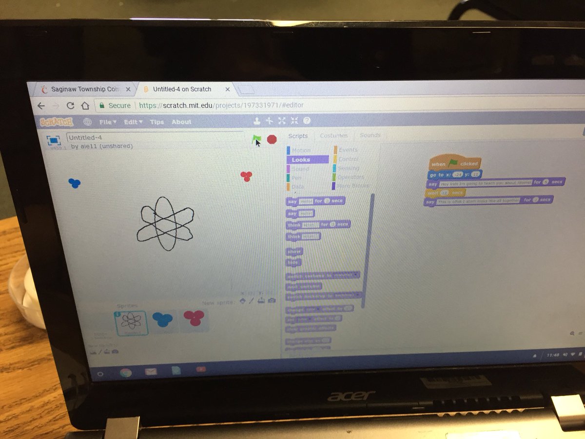 NicolHowald's tweet image. 5th graders are using @scratch to create a model of an atom. #beyondthehourofcode #hemmeter #saginawstem