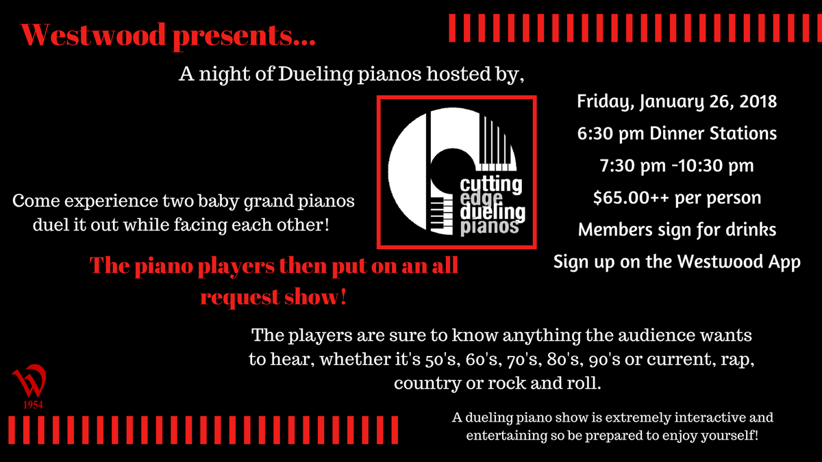 Cutting Edge Dueling Pianos is coming to <a href="/WestwoodccVA/">WestwoodCC</a> Don't forget to RSVP on the App!