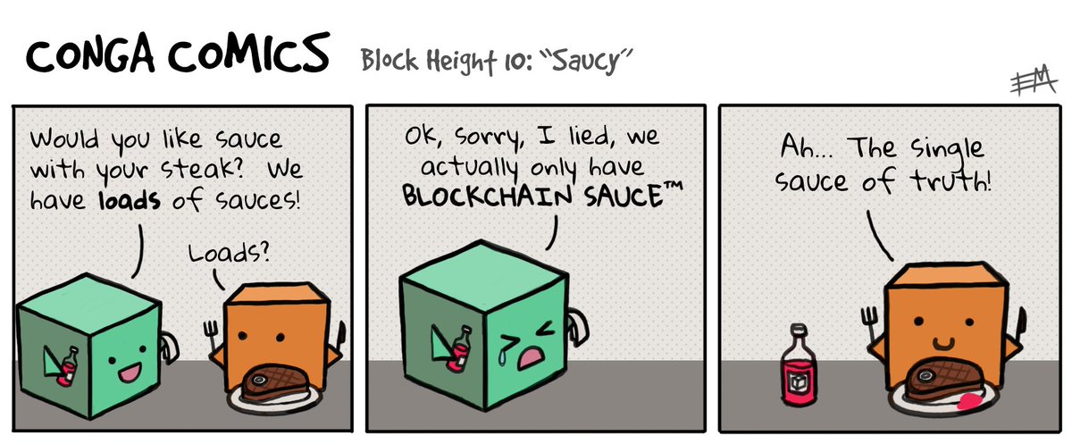 deminism's tweet photo. #Hyperledger Fabric v1.1-preview is released with the funny #CongaComic cartoon – #blockchain – the single sause of truth! 😁😍 https://t.co/O54FaXTDLX