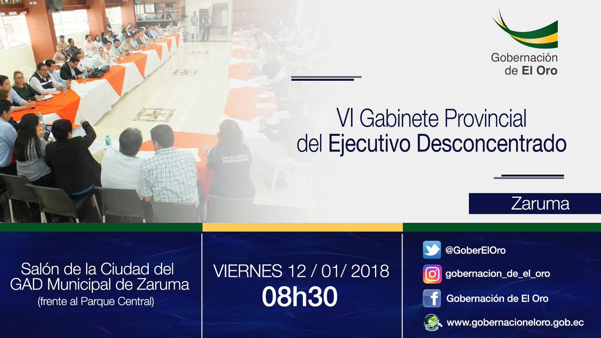 El día de mañana en el cantón #Zaruma, se llevará a cabo la VI Sesión del Gabinete Provincial del Ejecutivo Desconcentrado, donde participarán todas las instituciones del Estado tanto provinciales como zonales. <a href="/RosaLuzLM/">ROSA LÓPEZ MACHUCA</a> <a href="/Lenin/">Lenín Moreno</a> Moreno <a href="/marialevicuna/">Ma. Alejandra Vicuña</a>