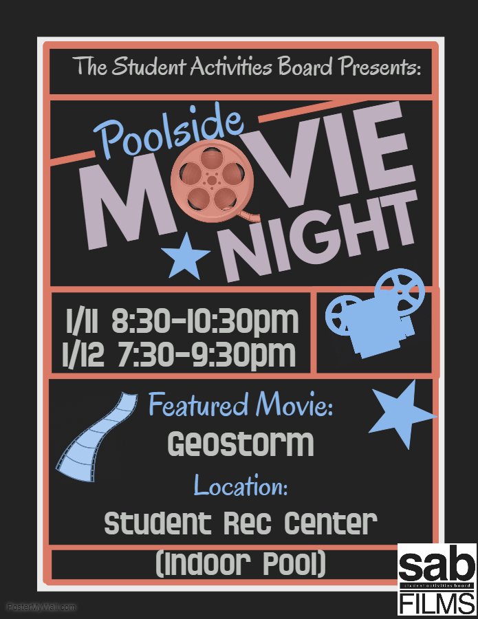 ECU_SAB's tweet photo. Check out SAB @ our poolside movie GEOSTORM. TONIGHT @ 8:30pm and Friday at 7:30pm #ecusab https://t.co/KdS7ldjEEn