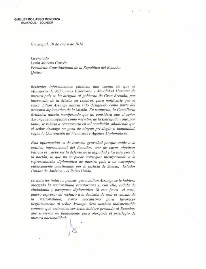 LassoGuillermo's tweet photo. Esta mañana envié una carta al Presidente @lenin sobre mi posición y la de @CREOEcuador con respecto al tema #Assange. La Canciller María Fernanda Espinosa debe dar explicaciones a los ecuatorianos. https://t.co/IhVMiyHW1h