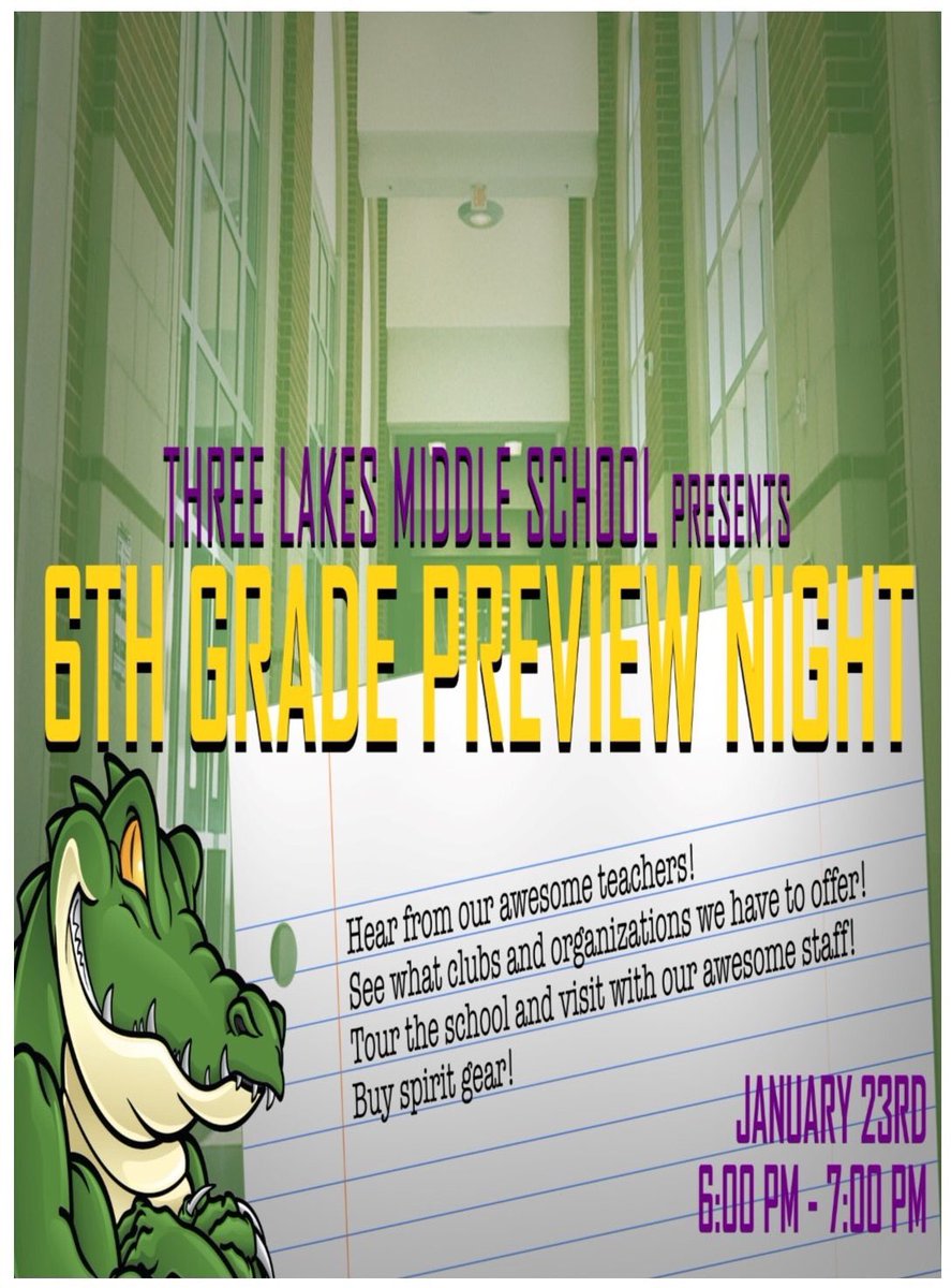 ThreeLakesTISD's tweet photo. If you have a 5th grade student that will be attending Three Lakes Middle School next year, or know someone who will, January 23, 2018 will be a date you don't want to miss!!! We have an awesome night in store for our future Gators! January 23 from 6-7 PM! https://t.co/Rcy1v1aJNc