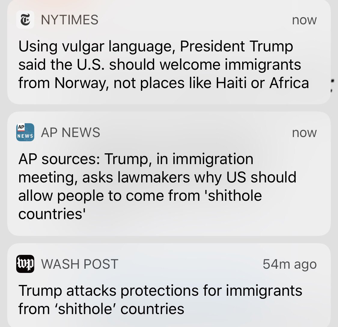 DorisTruong's tweet photo. So use of "shithole" OK'd by @washingtonpost @ap (+ @cnn chyron). @nytimes says Trump used "vulgar language." #pushalerts https://t.co/3gskzhJgZs