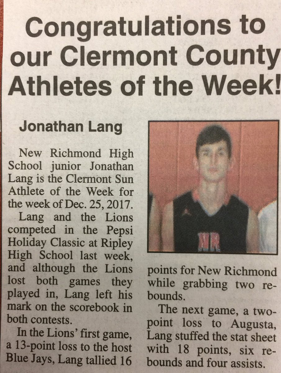 Congrats to Jonathan Lang who was named Clermont County Sun Athlete of the week for the week of Dec 25th.