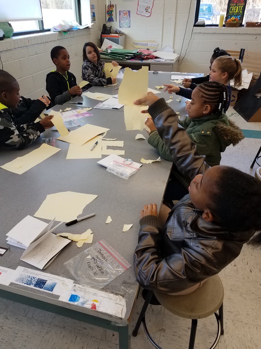 WSESartmosphere's tweet image. #Pirateteaching: &quot;Never before have we needed more of an emphasis on the development of creativity.&quot; Collage unit intro used *just* a piece of paper. Ripping it revealed so much more: dogs, states, birds, shoes, fish,...what do you see? @WSESSmithfield #Westsidebestside