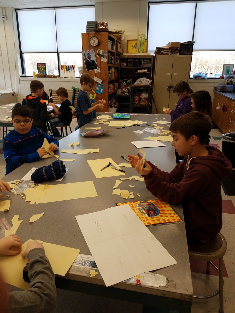 WSESartmosphere's tweet image. #Pirateteaching: &quot;Never before have we needed more of an emphasis on the development of creativity.&quot; Collage unit intro used *just* a piece of paper. Ripping it revealed so much more: dogs, states, birds, shoes, fish,...what do you see? @WSESSmithfield #Westsidebestside