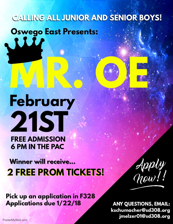 oe_studentco's tweet photo. 👑ATTENTION JUNIOR AND SENIOR BOYS!! Oswego East is excited to announce the MR. OE COMPETITION, held February 21st! Apply NOW!! 👑 https://t.co/5FmLPj6wo2