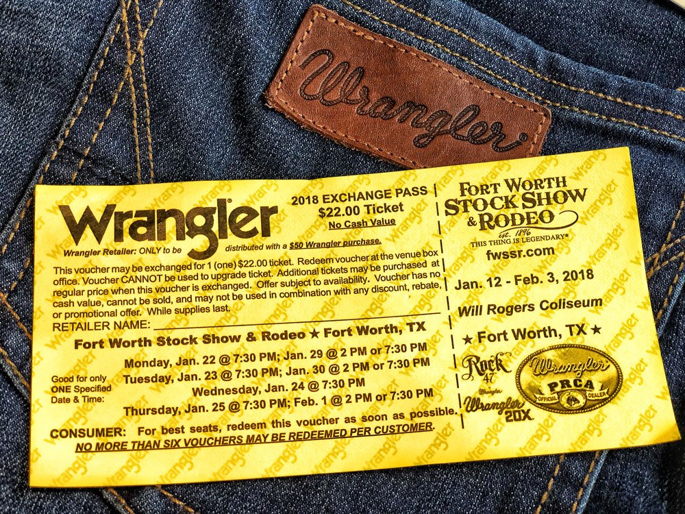 TeskeysSaddles's tweet photo. For every $50 spent on WRANGLER (in-store),
you will get one of theses vouchers for the Fort Worth Stock Show and Rodeo!
#teskeys #wrangler #fwssr #takemetoteskeys #letsrodeo #thisthingislegendary https://t.co/88jjBOvDIh