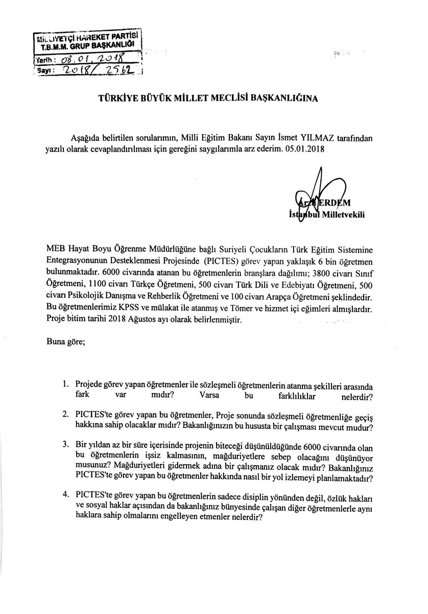 Suriyeli çocukların Türk eğitim sistemine entegrasyonunun desteklenmesi projesine atanan öğretmenlerimiz için SORU ÖNERGEMİZİ vermiş bulunuyoruz.

Mücadelemiz devam ediyor.
MHP umuttur,çaredir. #PictesÖğrtmneKadro