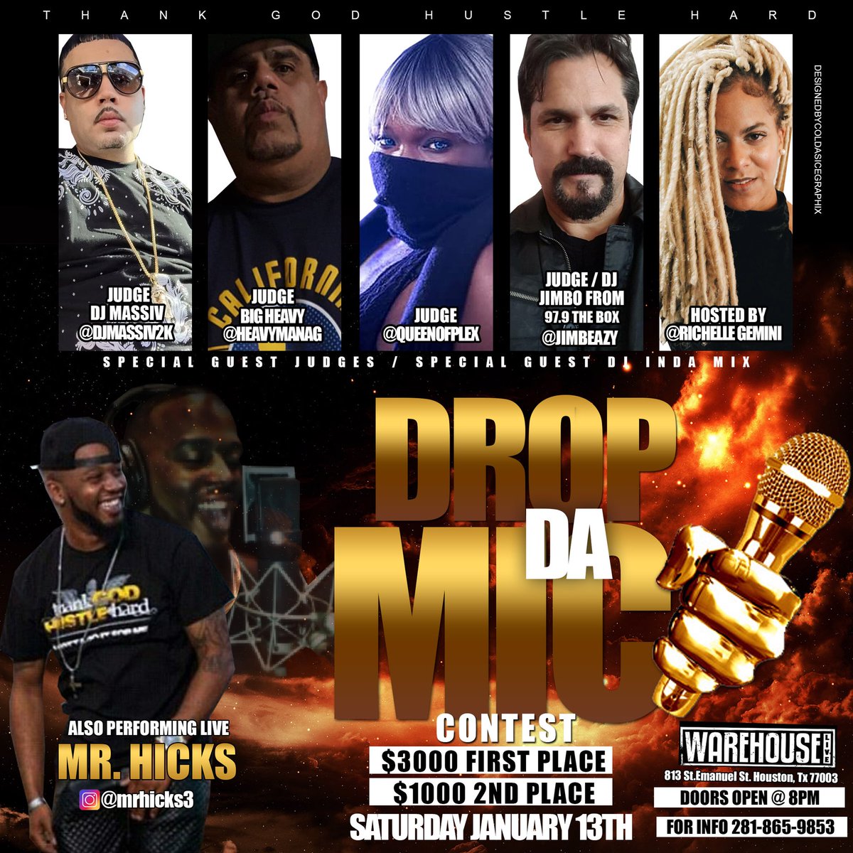 Djmassiv2k's tweet photo. •Drop Da Mic Contest🎤
•This Saturday🔥
•Special Guest Judges👤
•Dj Jimbo 97.9 Da Box👌🏽
•Big Heavy #Onedeep💯
•Warehouse Live🎥
•Info 281-660-6760📲
•813 St. Emanuel St. Houston,Tx📍
@maurice3hicks https://t.co/nll1oRAs5b
