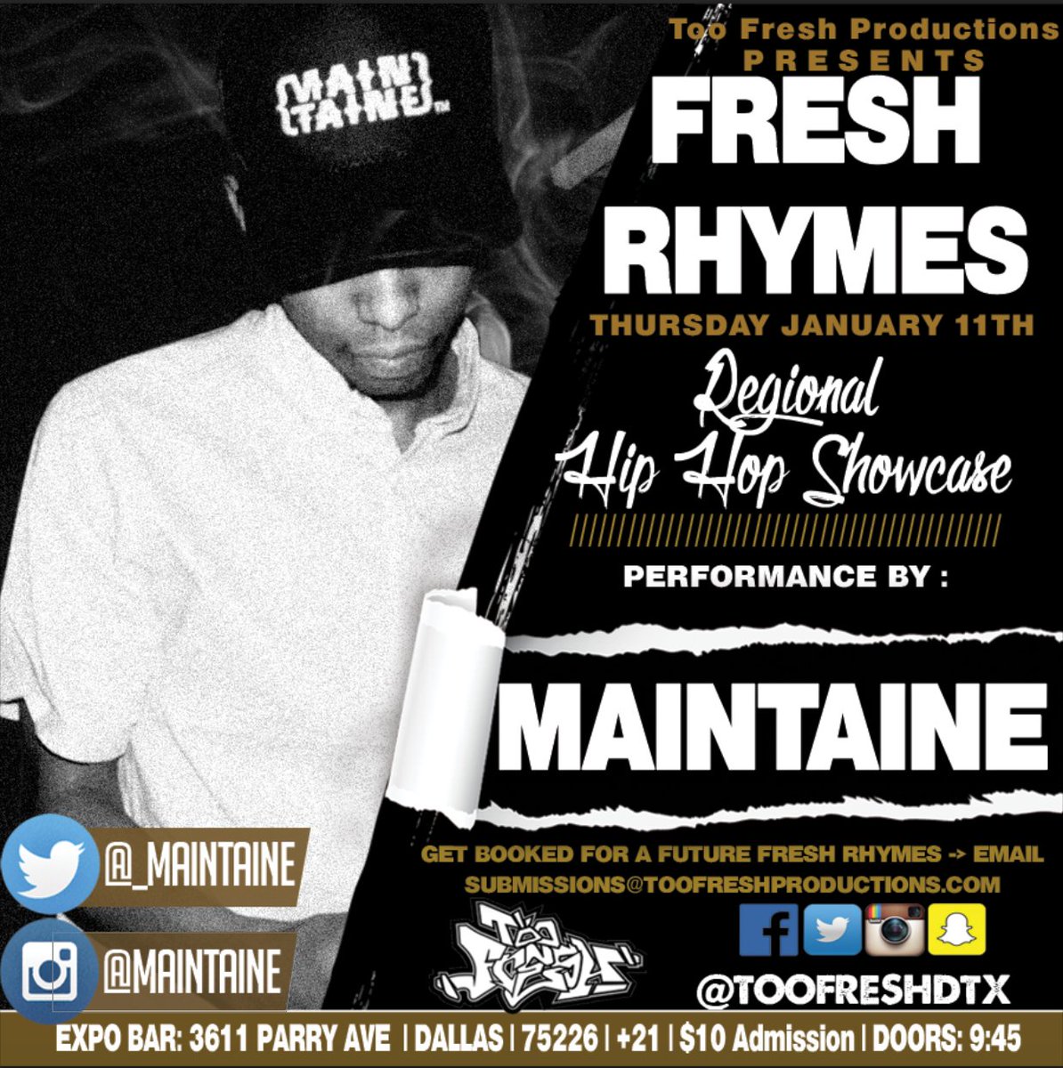 _LeoJ_'s tweet photo. Catch @_Maintaine TONIGHT at #FreshRhymes at @ExpoBarDallas + more. #NowBooking for Feb 8th, 2018. Shoot us an email to submissions@toofreshproductions.com to lock in a slot! #DallasHipHop #DFWHipHop #DallasRaps #DFWRaps #DallasMusic https://t.co/rovjvhuvJ6