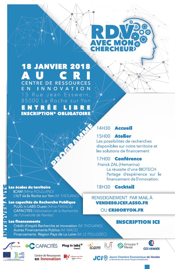 JCELRSY's tweet photo. Participez au "Rendez-vous avec mon chercheur" le 18 janvier au @CRInnovation de La Roche-sur-Yon ! @LRSY_ville 
Entrée libre mais inscription obligatoire 😉

Inscription ici : https://t.co/O4tN7wGDq5 https://t.co/nn7anKVdiS