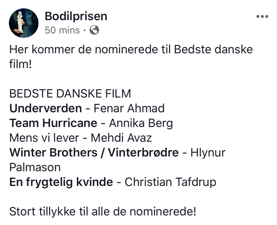 Tak til @BodilPrisen for at være så modige at hylde nye navne i dansk film. Jeg bøjer mig i støvet ❤️