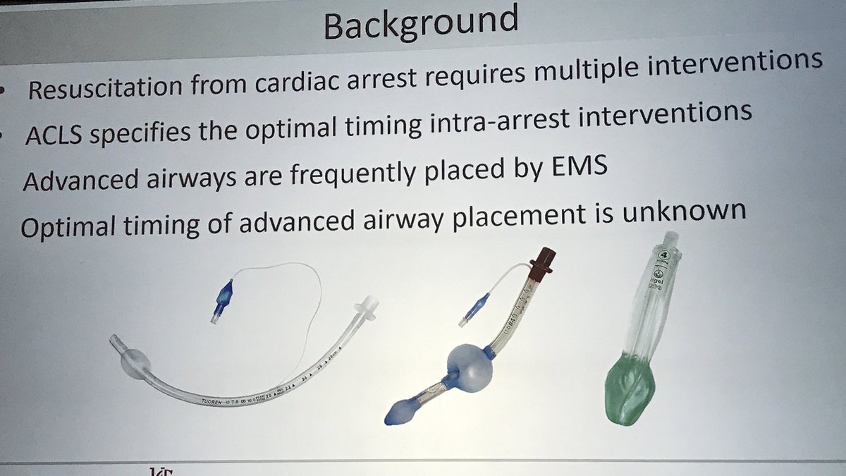 NAEMSP's tweet photo. Research abstract #1: What is the optimal timing of advances airway placement in cardiac arrest?
Incidence of ROSC decreases as time to advanced airway placement.
Did not address BVM alone.
#NAEMSP2018 https://t.co/hACE72YHj5