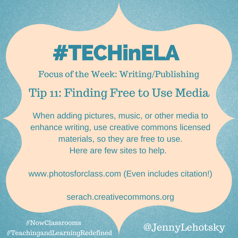 JennyLehotsky's tweet photo. Day 11 of #TECHinELA Remember to use media that is free to use when publishing writing. @PhotosforClass @creativecommons https://t.co/ZqDP9X2jcU
https://t.co/41l2zYKf1t 

#digcit #TeachingandLearningRedefined #D100pride #NowClassrooms https://t.co/rPd6rmQqf4