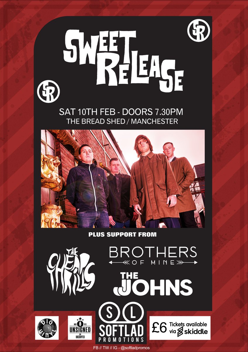 Just announced SLP presents <a href="/SweetRelease_Uk/">Sweet Release UK</a> plus support from <a href="/BrothersOfMine/">Brothers Of Mine</a> <a href="/CheapThrillsTCT/">OLD ACCOUNT @THECHEAPTHRILLS</a> <a href="/TheJjohns/">THE JJOHNS</a> at <a href="/TheBreadShedMcr/">TheBreadShed</a> 10th Feb #unsigned #newmusic #manchester #manchestermusic #indieuk #unsignedhour #northwestmusic #northwesthour #supportlocalmusic