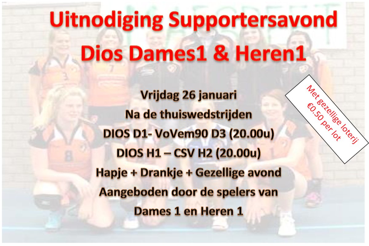 DIOSVolleybal's tweet photo. Vrijdag 26 januari ben je uitgenodigd voor de “Supportersavond” van #D1 &amp; #H1 https://t.co/kHg5NDOQww