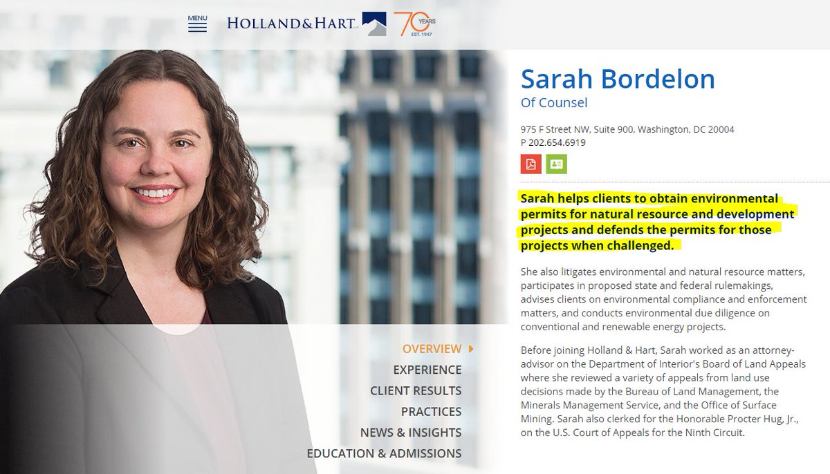 polymetpapers's tweet image. There wasn't a lot "both sides" in Martin's bio. Let's try another. How about Sarah Bordelon at Holland and Hart? She "helps clients obtain environmental permits" #PolyMetPapers #mnleg