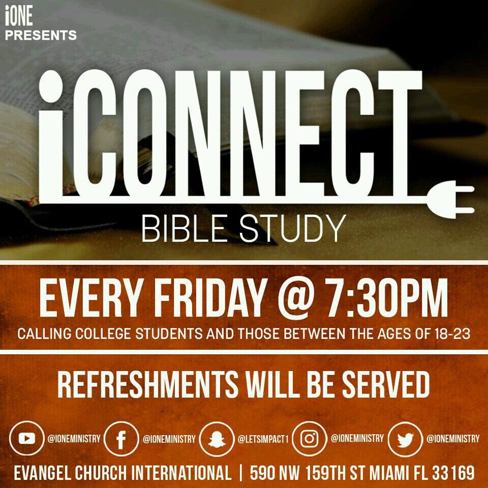 iOneMinistry's tweet photo. Come out and connect with us at Bible Study every Friday at 7:30! It’s a time of fellowship, questions and reading of the Word! https://t.co/qQTokKAf2I
