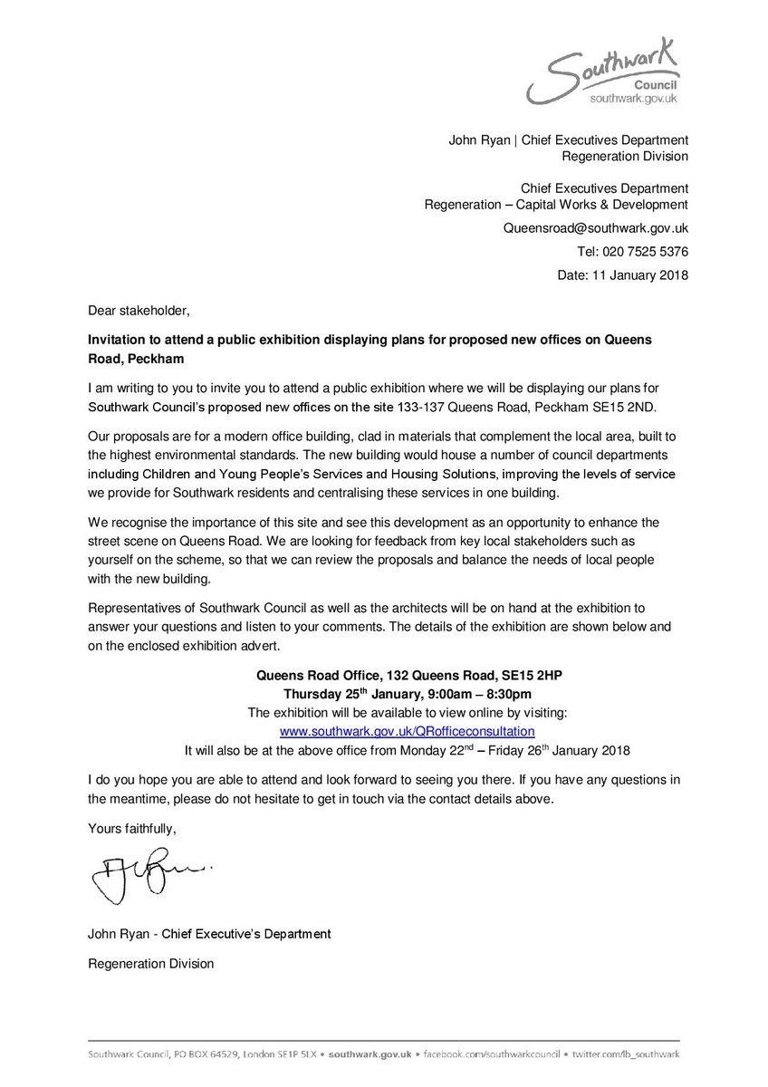 From <a href="/lb_southwark/">Southwark Council</a> Council: Invitation to attend a public exhibition Monday 22nd – Friday 26th January 2018, at 133-137 Queens Road, Peckham SE15 displaying plans for proposed new offices.
