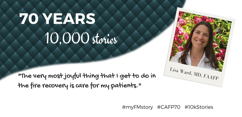 cafp_familydocs's tweet photo. "The very most joyful thing that I get to do in the fire recovery is care for my patients." CAFP President-Elect Lisa Ward, MD, FAAFP shares her story of resilience and recovery from the Santa Rosa fires: https://t.co/6gQtRW6haS
#myFMstory #CAFP70 #10kStories https://t.co/0pIOAR4DER
