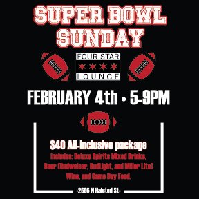 FourStarLounge's tweet photo. We've got your plans for the big game! Join us for our all-inclusive package for #SuperBowlLII Tickets: https://t.co/H7Ni22bZoI https://t.co/EtwicLF5Tj