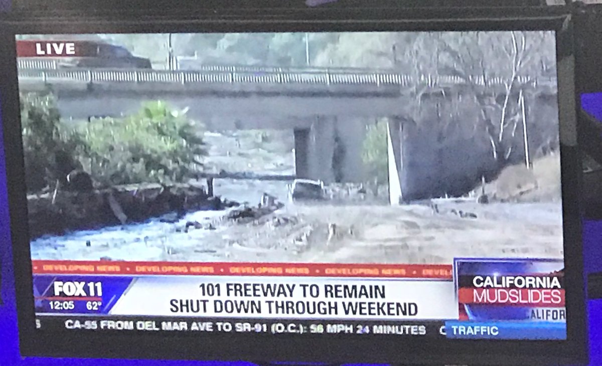 MarlaTellez's tweet photo. This ⬇️ is the 101 freeway in Montecito! A 30 mile stretch from Carpenteria to Santa Barbara will remain shut down until Monday #101closure #montecitomudslides @FOXLA https://t.co/B9IMLxChrM