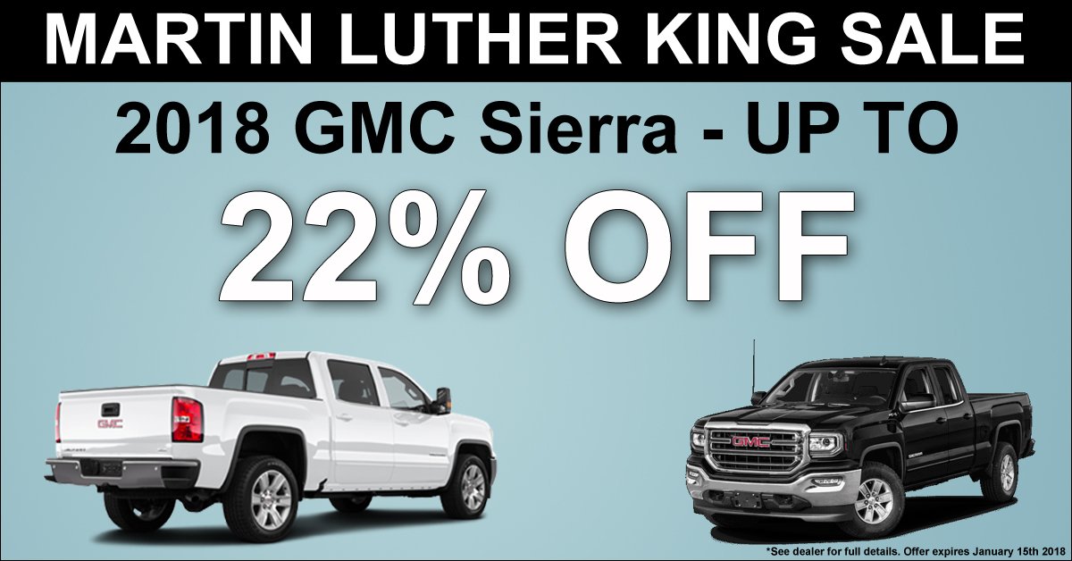 StephenCadGMC's tweet photo. Save up to 22% off select 2018 GMC Sierra during our Martin Luther King Sale! Hurry in, sale ends January 15th! https://t.co/CReNTQRspd