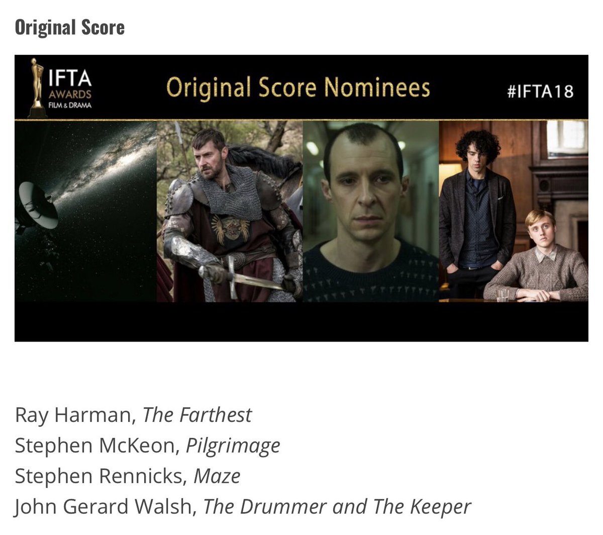 Absolutely delighted to be included in this year’s <a href="/IFTA/">Irish Film & Television Academy (IFTA)</a> with four nominations - for the very talented <a href="/McJacob/">mc. jaCOb</a>, <a href="/NiamhAlgar/">Niamh Algar</a>, <a href="/nickgestation/">nick kelly</a> &amp; John Gerard Walsh 👏 What a way to start 2018! #CalicoPictures #TheDrummerandTheKeeper #IFTA18