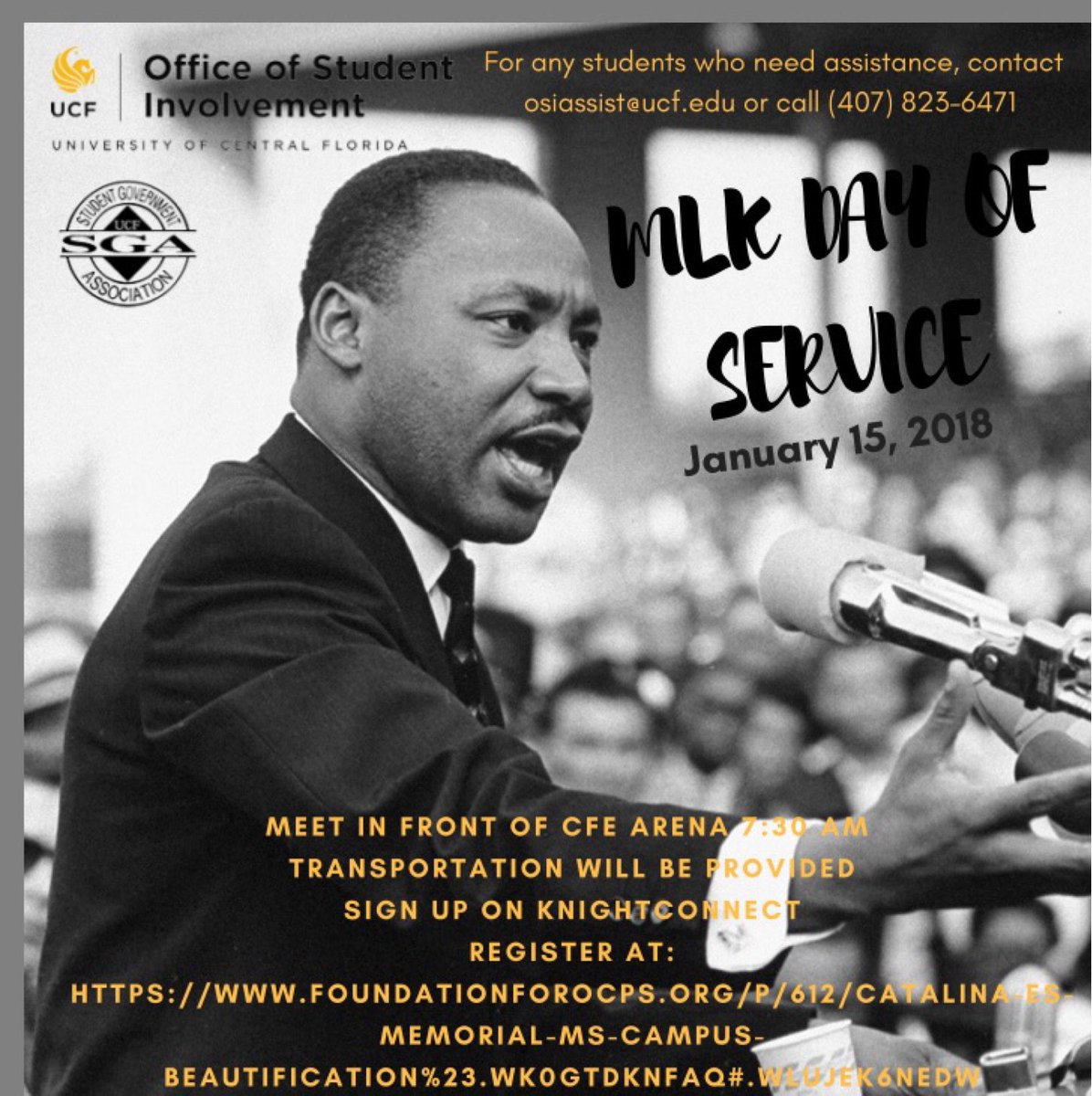 vucf_pr's tweet photo. Today is the last day to sign up for the MLK day of service taking place on January 15th! Make sure to visit the link posted on Volunteer UCF's Knight Connect page to RSVP or if you're looking for more information. We look forward to seeing you all there! https://t.co/UinlXahYMk