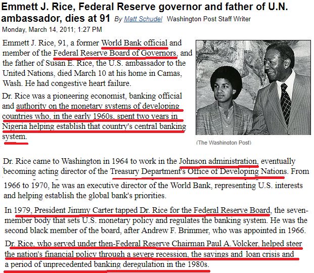 2) Susan Rice’s father – Emmett J. Rice, was posted to India as a Fulbright Fellow in 1952 where he worked as a research associate to the Reserve Bank of India. Emmett J. Rice had been an officer with the Army Air Corps during WW II and had attended UC Berkeley.