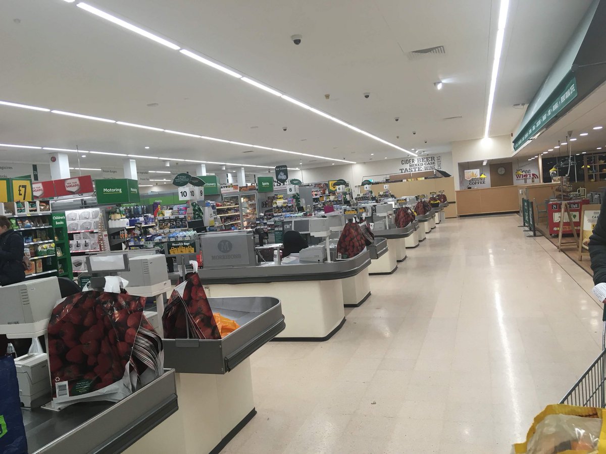 CharScott98's tweet photo. Chaos in @Morrisons Bridgwater, no checkouts open and over 20 people waiting with full trolleys! #Nightmare #nothappy @Morrisons https://t.co/b9ZH4ILXR9