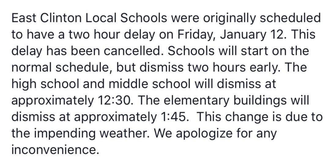 ECLocal's tweet photo. Change in schedule for Friday, January 12.  Details below. https://t.co/k3yS5v2XYJ