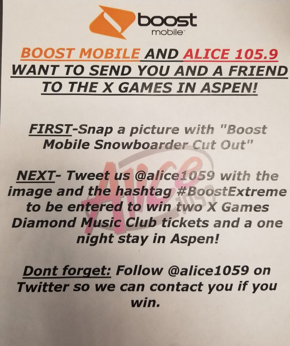 BoostThornton's tweet photo. Stop by #BoostMobile at 881 Thornton Pkwy this Saturday to check out our killer deals! Also between 11am- 12pm enter with @alice1059 to #Win TWO X Games Diamond Music Club tickets &amp; a one night stay in Aspen! #BoostExtreme #BoostThornton #LaunchWireless https://t.co/ozOUA1zNca