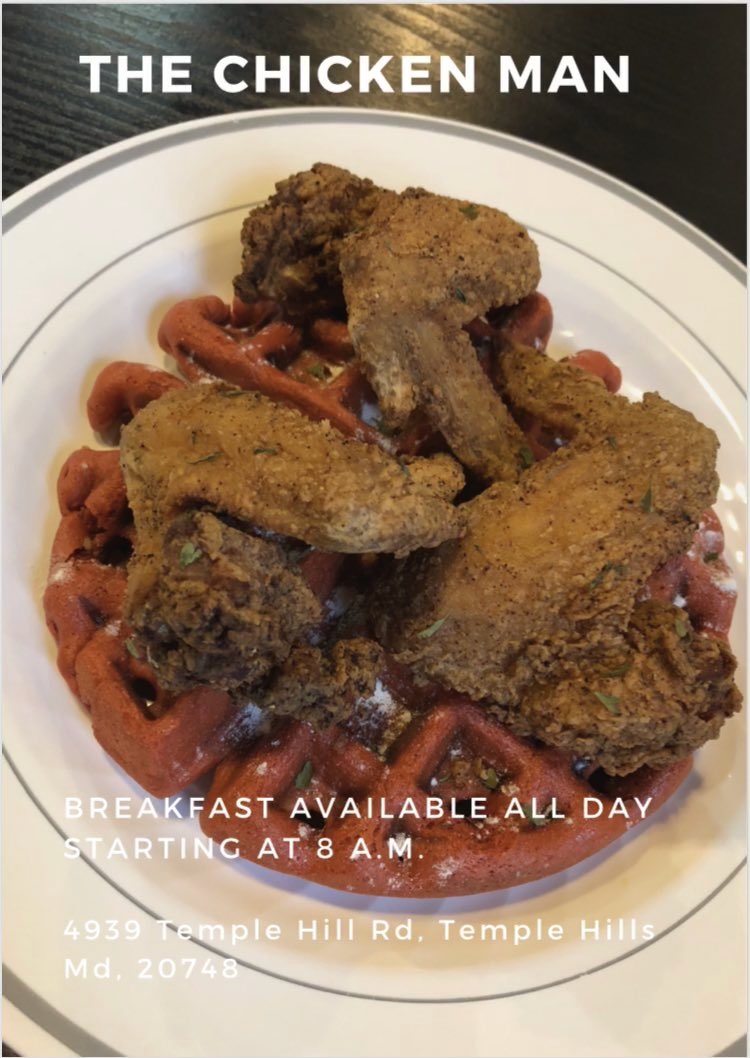 TheChickenMan_'s tweet photo. CHICKEN & RED VELVET WAFFLES AVAILABLE TODAY! WE ALSO HAVE REGULAR WAFFLES #TheChickenManDMV 4939 Temple Hill Road https://t.co/Dymny0NpBN