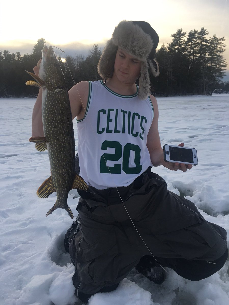 CodyRubner's tweet photo. Watching the Celtics while ice fishing in Maine #GreenTeam @NBCSBoston https://t.co/Tnbkpq699L