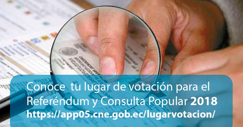 cne_ec's tweet photo. El CNE pone al servicio de la ciudadanía, varias alternativas para consultar el lugar de votación, ingrese a: https://t.co/HV4LQynga7

@cnegobec @Lenin #SiPorMisHijos #ConsultaPopular2018 @LassoGuillermo @MashiRafael https://t.co/Ai3hyFInq4