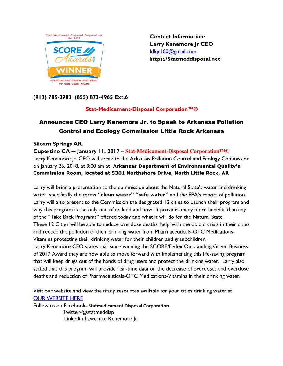 FillaboxCorp's tweet photo. News Release!  Larry Kenemore Jr. CEO Stat-Medicament-Disposal Corporation to make presentation January 26, 2018 9:00 am to Arkansas Pollution Control and Ecology Commission Little Rock Arkansas. Thanks @SCOREMentors @KenYancey @FedEx @SamsClub @SheDes @TracieLGWhite @CADCA @ ... https://t.co/qOTC56FB1v