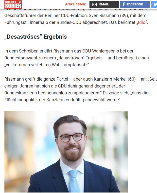 houelle_beck's tweet photo. @focuspolitik @BERLINER_KURIER #Rissmann greift die ganze Partei – aber auch Kanzlerin #Merkel an: 

„Seit einigen Jahren hat sich die #CDU dahingehend degeneriert, der Bundeskanzlerin bedingungslos zu applaudieren.“ 

Es zeige sich, „dass die #Flüchtlingspolitik der Kanzlerin endgültig abgewählt wurde“. https://t.co/LJmsKaYirr