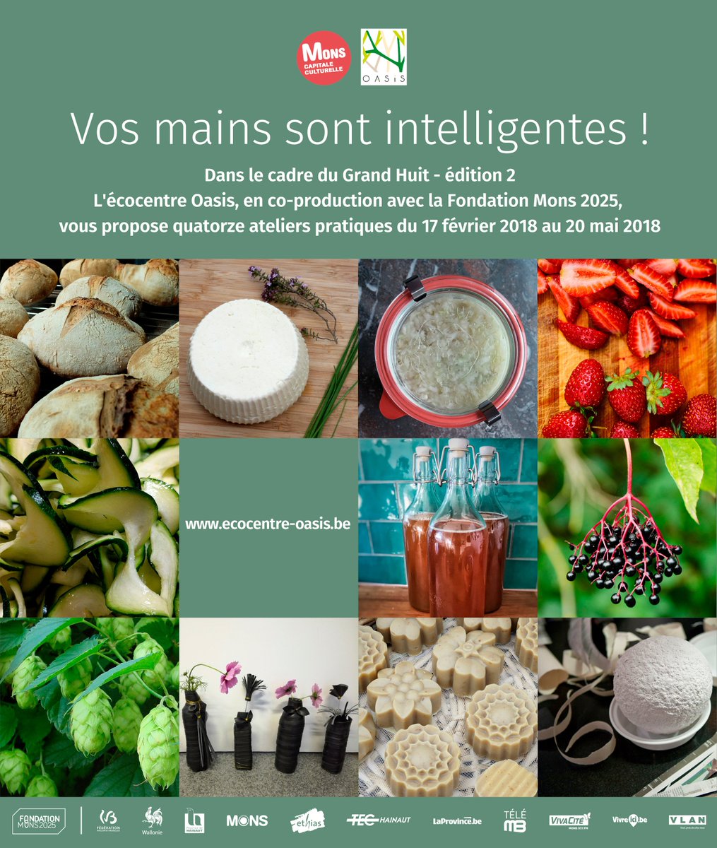 EcocentreOASIS's tweet image. Dans le cadre du Grand Huit, l'Oasis propose 14 ateliers du 17.02 au 20.05.18.Venez #jardiner, faire du #pain, #brasser de la bière, faire du #fromage, fabriquer des objets de #décoration, #cuisiner et surtout passer un moment de #convivialité ! Infos bit.ly/2mtj7on