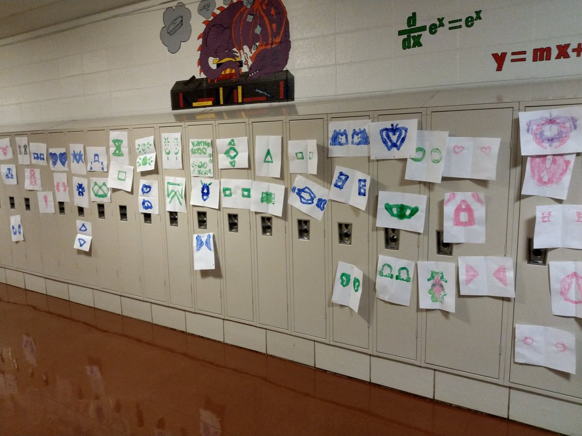 LMoneyMath's tweet photo. Learning about reflections so we finger painted and folded. Lots of fun! Going to dig deeper once they dry. #geometry #mtbos #mathed #kinestetic #tactile #NeverBoringMath https://t.co/KAPQQXuON7