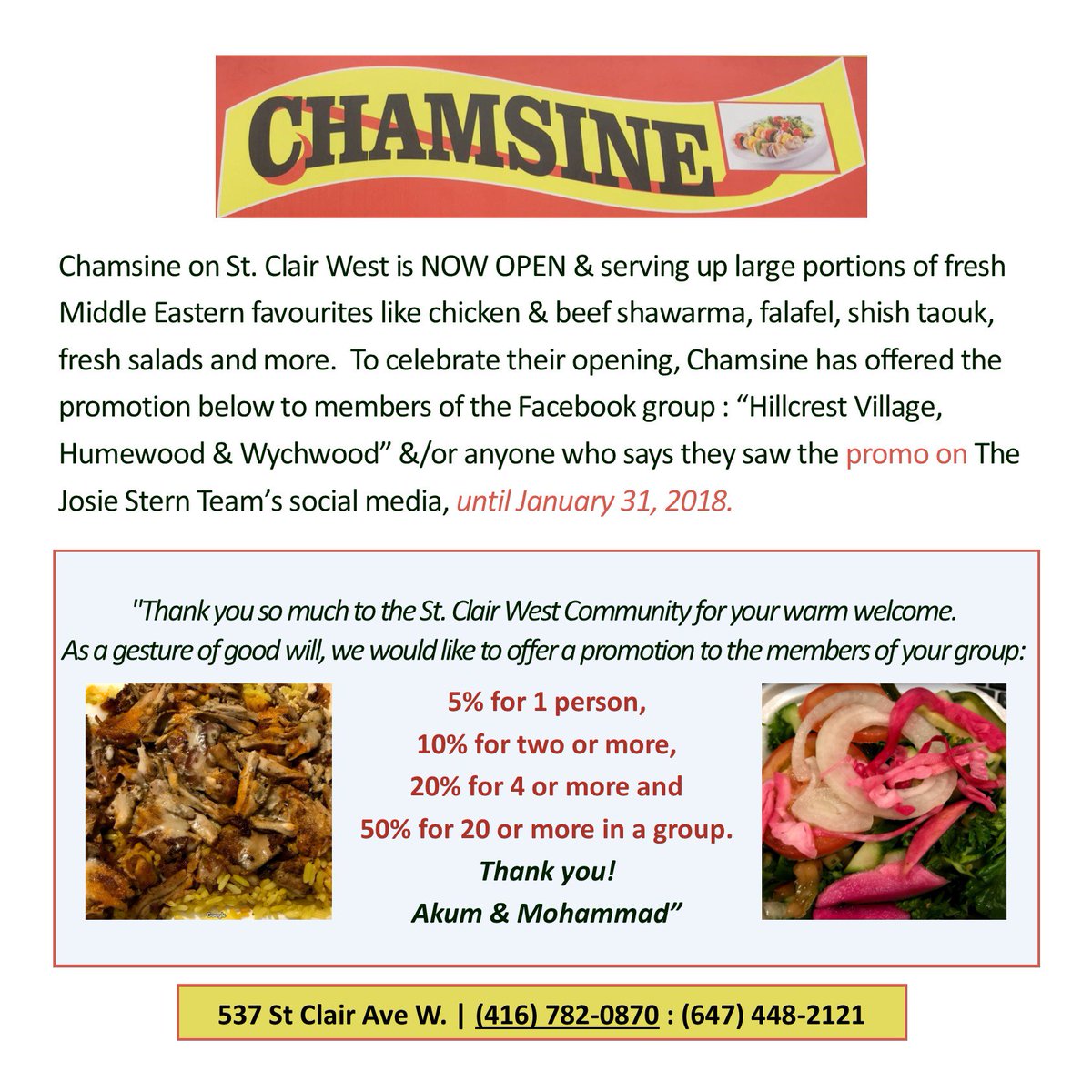 JosieStern's tweet photo. #NewYear #NewNeighbours! Welcome to #StClairWest #HillcrestVillage #HumewoodCedarvale &amp; #Wychwood, Chamsine! 
If you are reading this and in the area, mention you saw this promo on our twitter feed &amp; they will honour it until Jan. 31st, 2018 #TorontoFoodies #goodeats https://t.co/EKwqMTerAA
