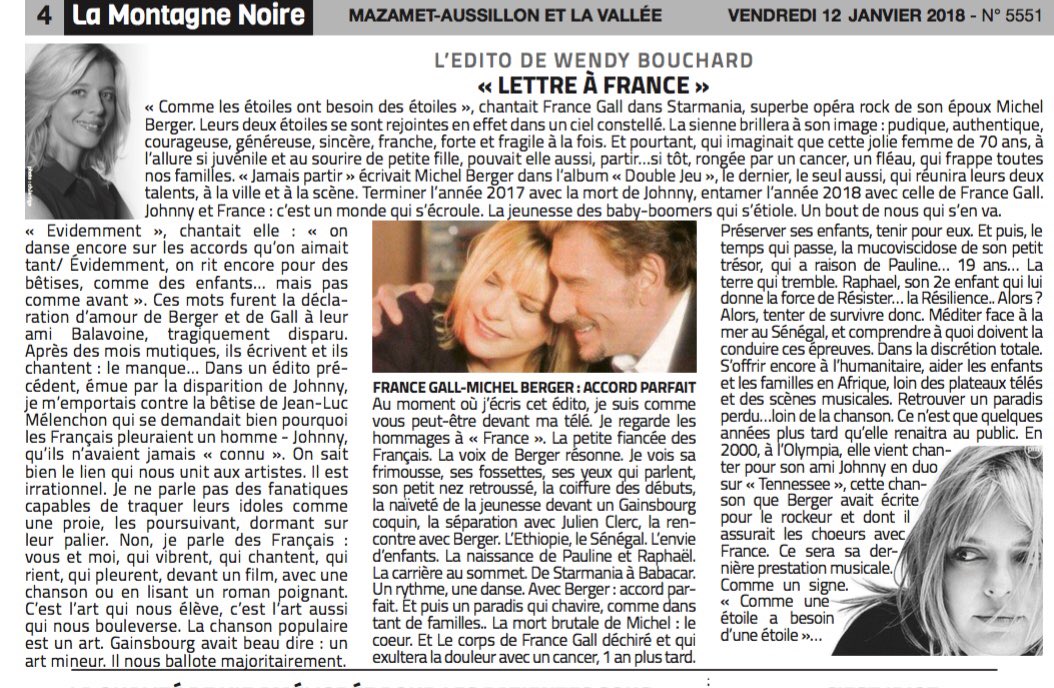 WendyBouchard's tweet photo. ✨✨Demain, une humble pensée à #FranceGall dans l’édito que j’écris 2 fois par semaine à titre bénévole pour le petit journal @MontagneNoire81 #mazamet.
Bonne nuit les amis https://t.co/zlE4SC8LmP
