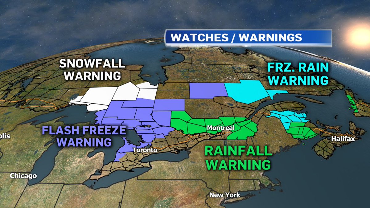 LoriGrahamMTL's tweet photo. #RainfallWarnings in effect for SW QC tonight thru Friday, including the #Laurentians, #QuebecCity & #Sherbrooke (25-40mm). #Montreal to see 20-25mm. @CTVMontreal https://t.co/QCXBusPXGZ