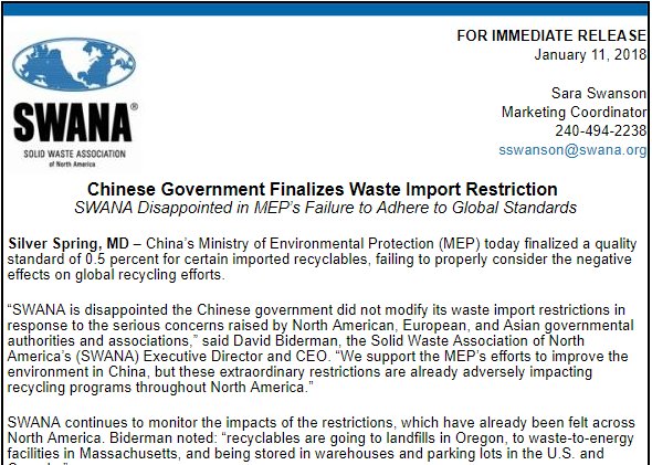 SWANA's tweet photo. IMMEDIATE RELEASE: Chinese Government Finalizes Waste Import Restrictions, SWANA Disappointed in MEP’s Failure to Adhere to Global Standards #solidwaste #recycling #China https://t.co/v4io4NEvrr https://t.co/pRY64y5nTc