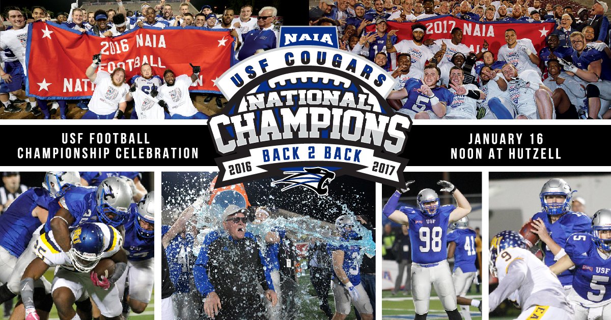USFFW's tweet photo. Celebrate our back-to-back national champs next week on Tuesday, January 16th at noon in Hutzell wear your Cougar gear and show your #cougarpride ! #NAIAchamps #usffw https://t.co/X1zjC3Tfwv